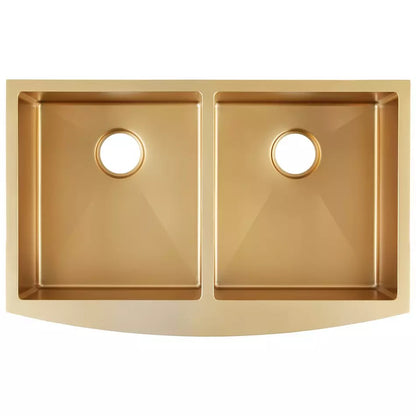 33" Atlas Double-Bowl Farmhouse Sink – Curved Apron, Matte Gold