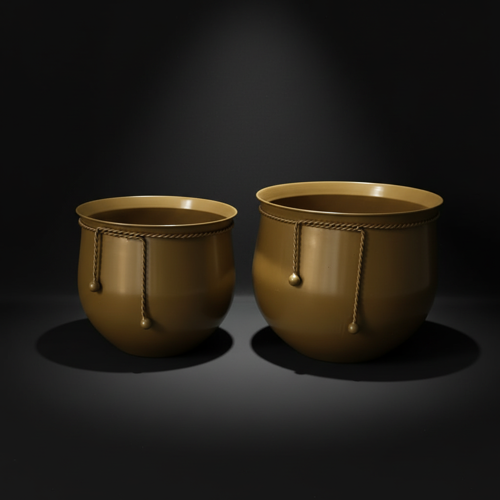 Two brown ceramic pots with decorative elements on a dark background