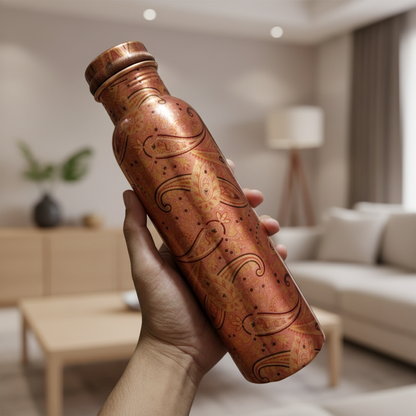 Copper water bottle with engraved designs held by a hand on a white background