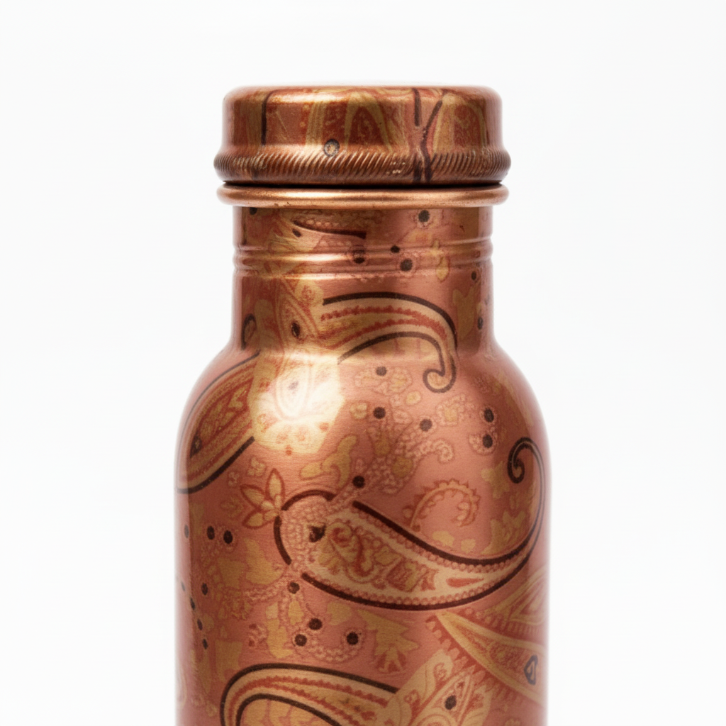 Copper bottle with intricate paisley patterns on a white background