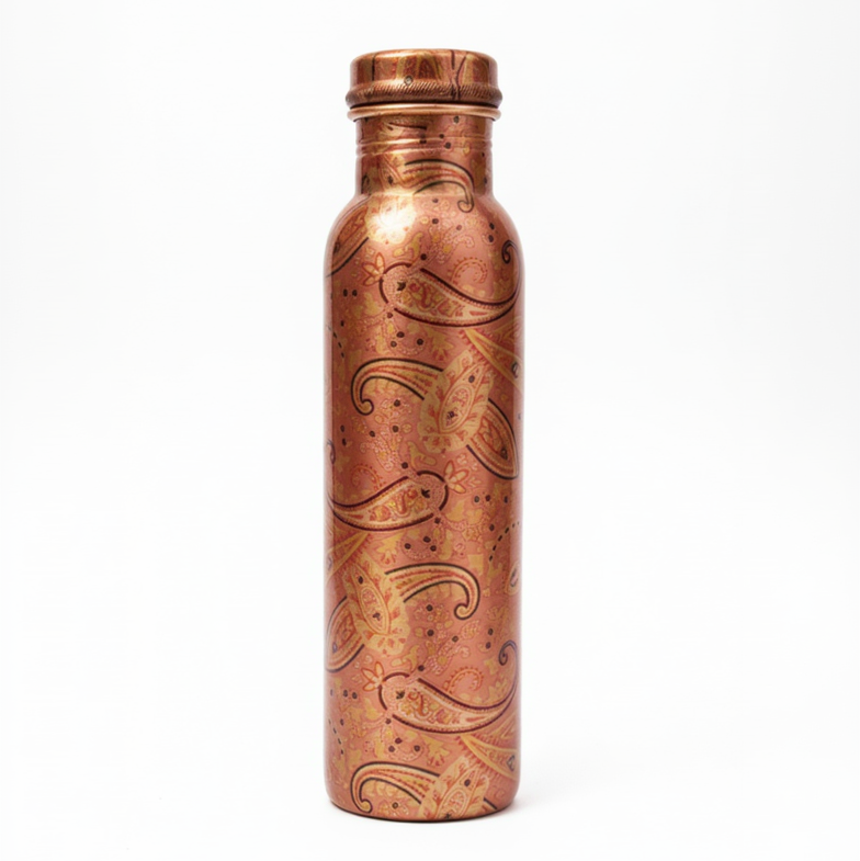 Copper water bottle with paisley patterns on a white background