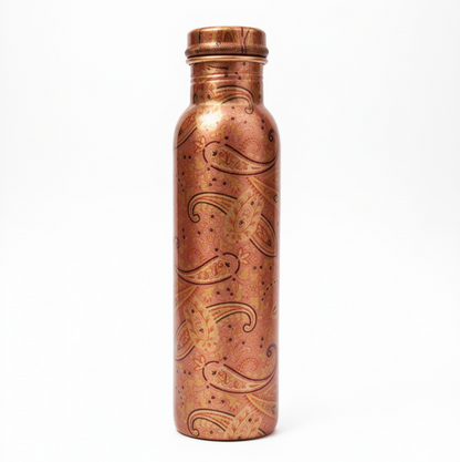Copper water bottle with paisley patterns on a white background