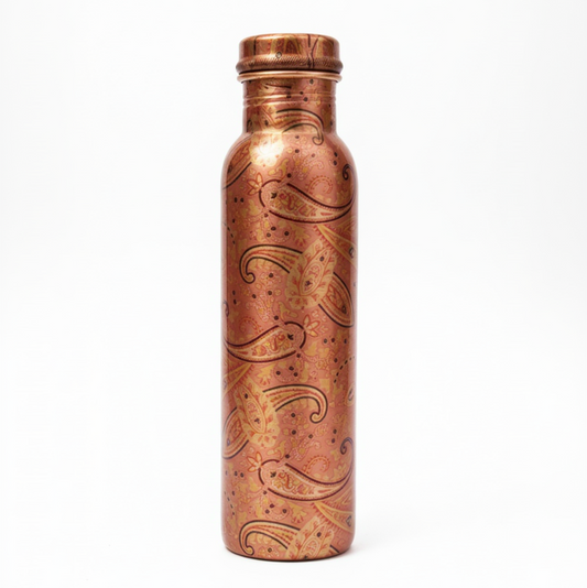 Copper water bottle with paisley patterns on a white background