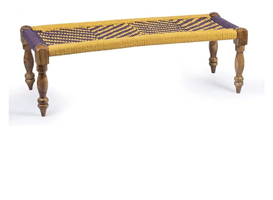 Handcrafted Wooden Rope Bench Set with 2 Stools – Yellow & Purple
