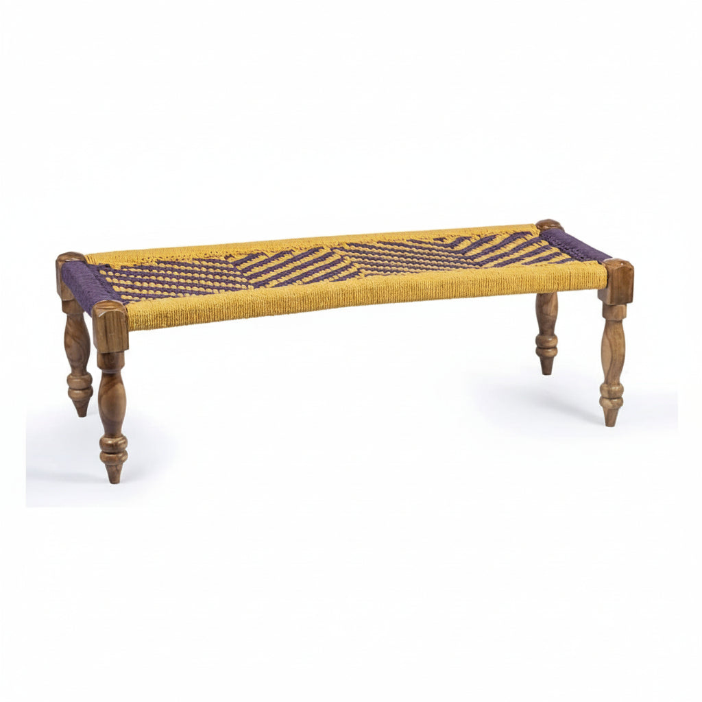 Woven bench with wooden legs on a white background