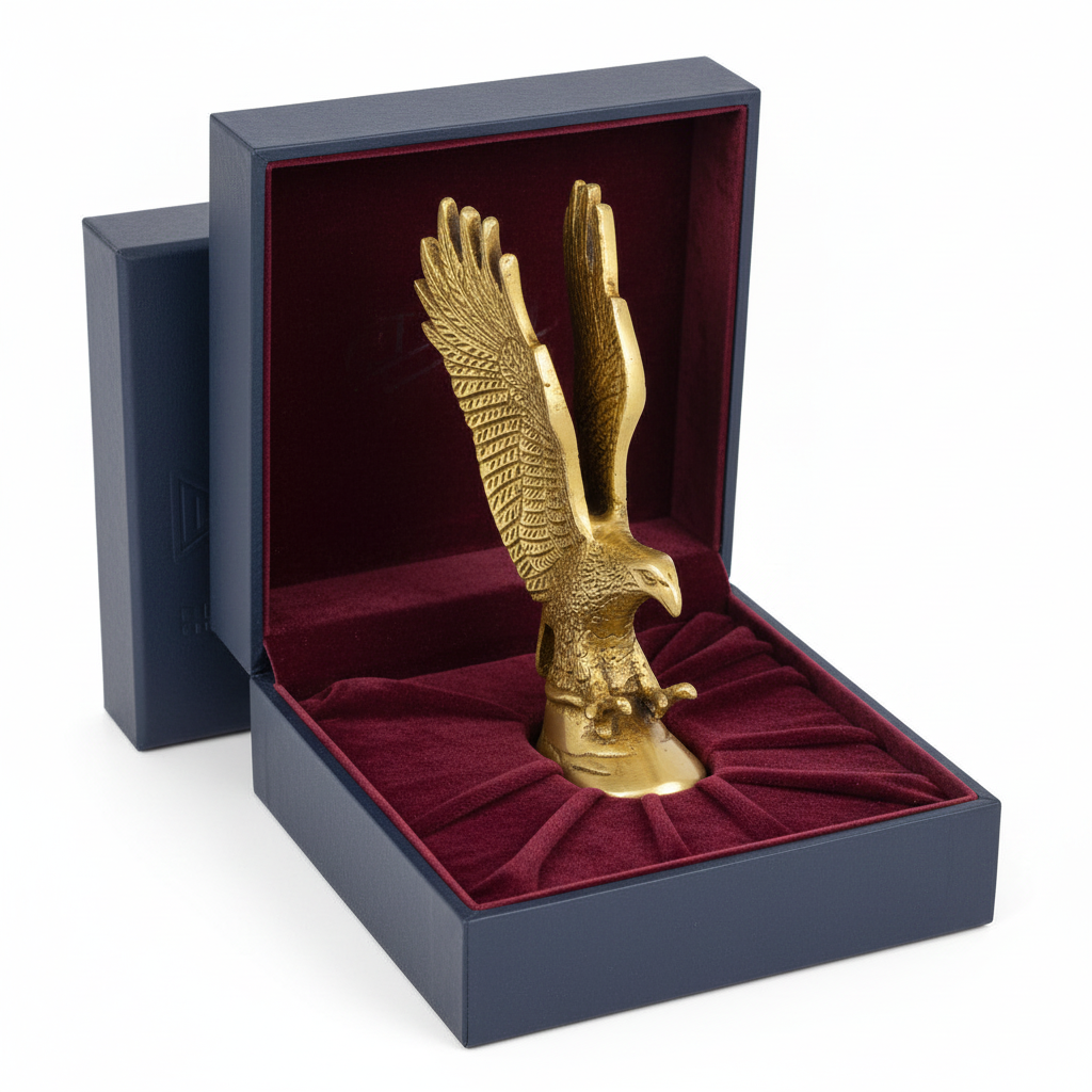 Gold eagle figurine in a blue box with red interior