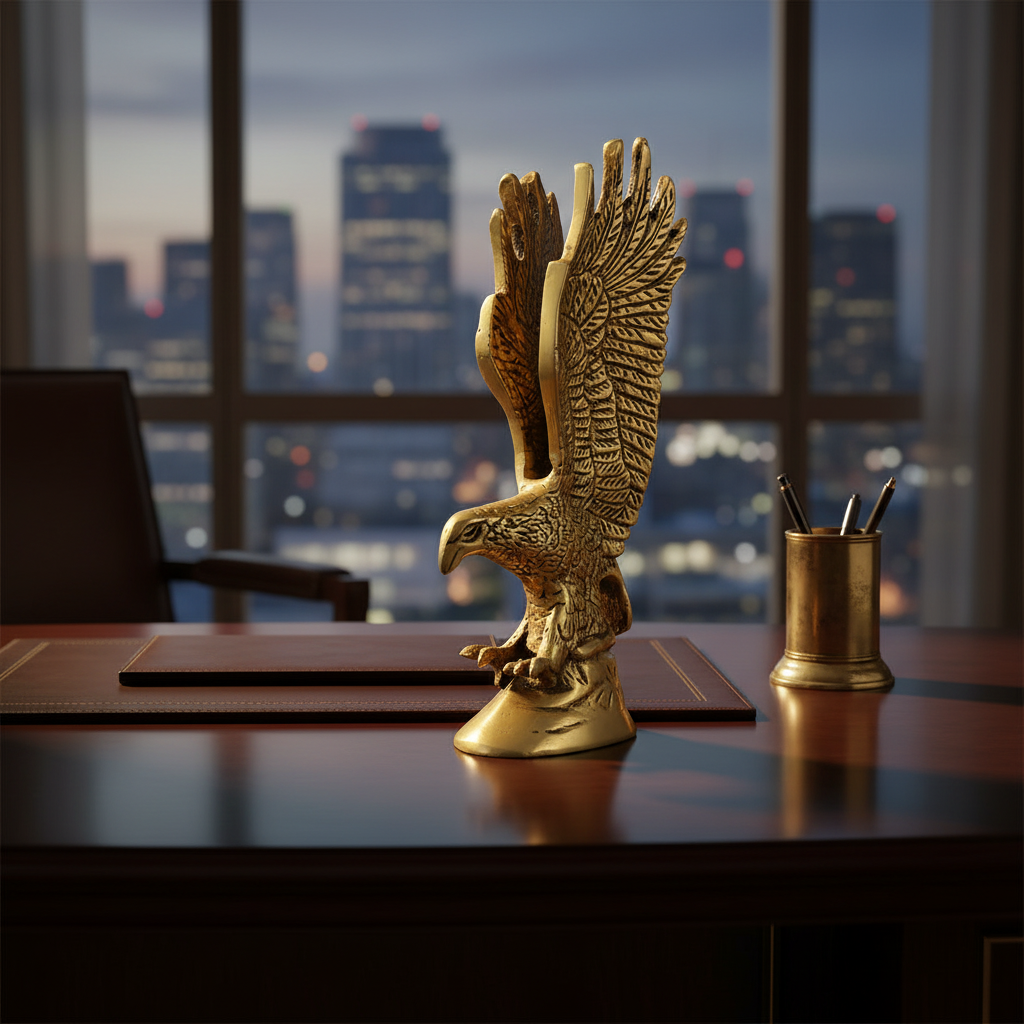 Gold eagle statue on a desk with a cityscape view in the background