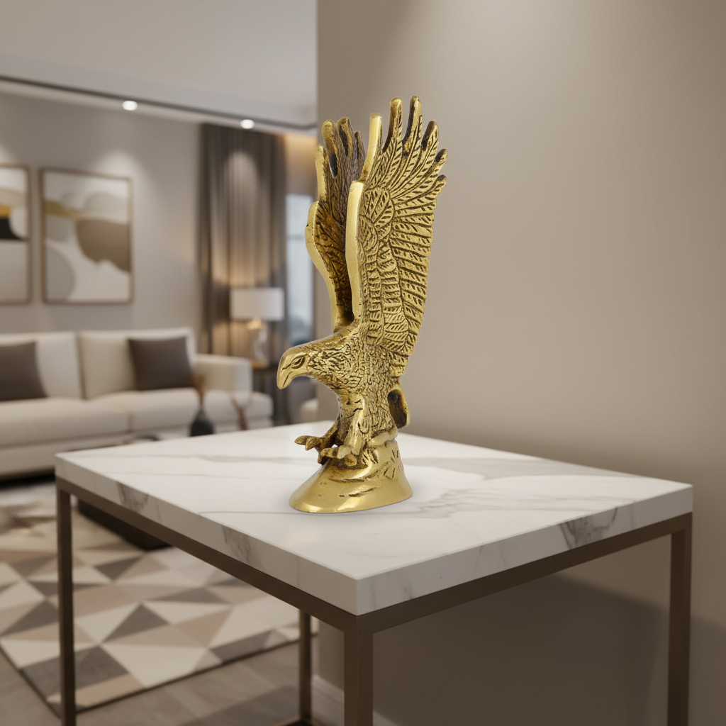 Gold eagle statue on a marble table in a modern living room