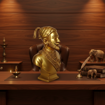 Gold bust of a historical figure on a wooden desk with decorative items.