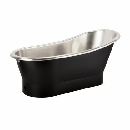 Stainless steel freestanding bathtub with black exterior on a white background