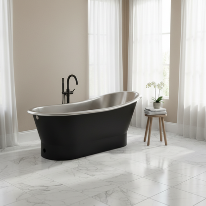 Black freestanding bathtub in a modern bathroom with white marble floor and curtains.