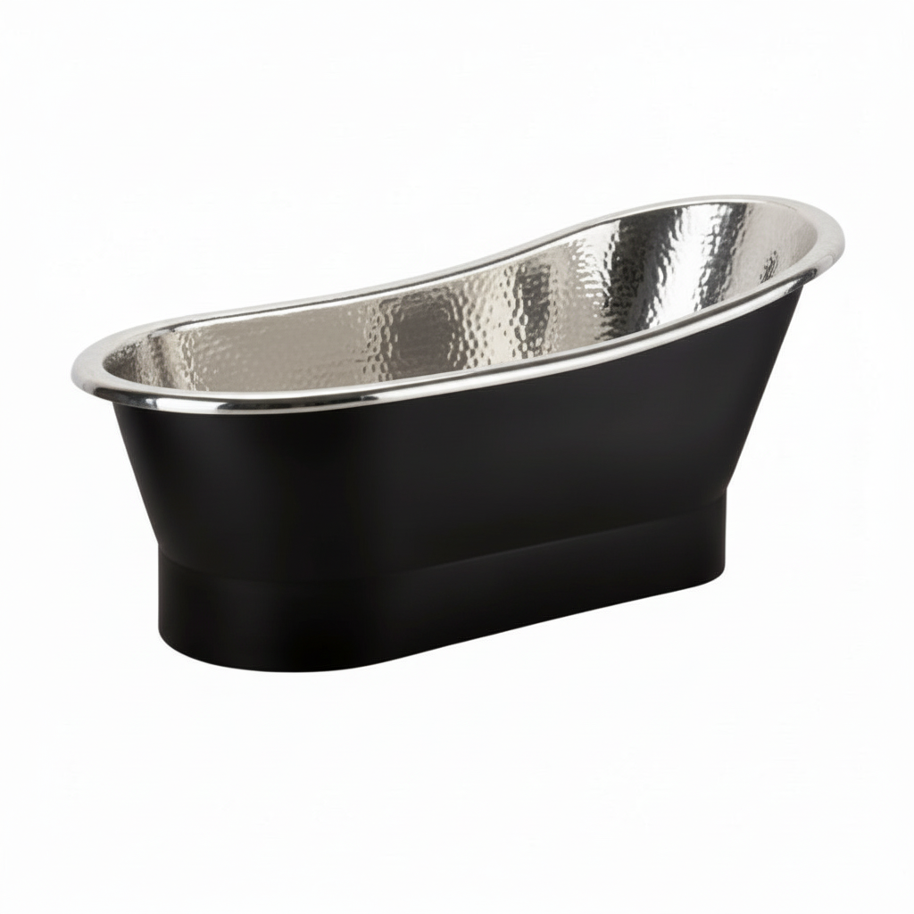 Black freestanding bathtub with silver interior on a white background