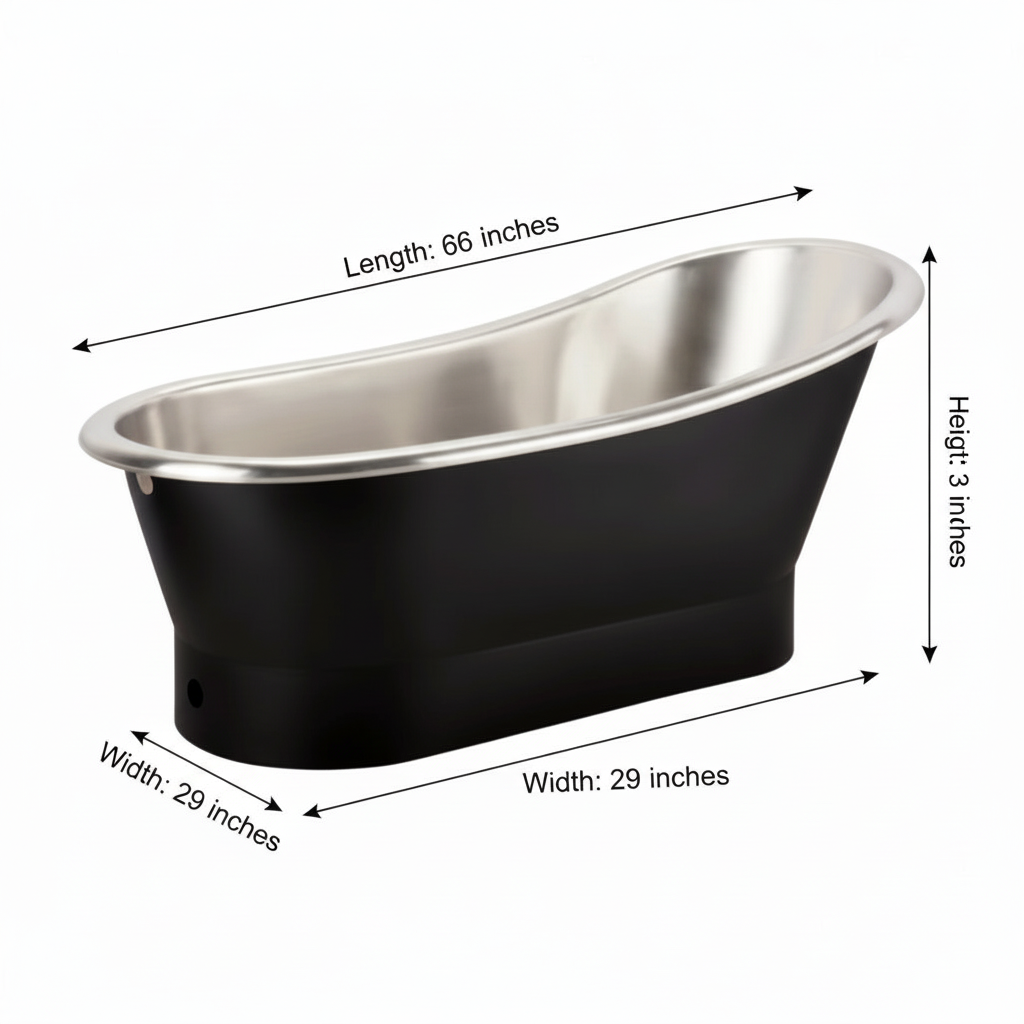 Measurement chart of a freestanding bathtub with dimensions labeled.