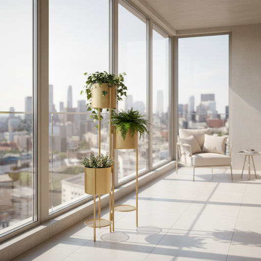 Modern living room with large windows, a sofa, and decorative plants on a gold stand.
