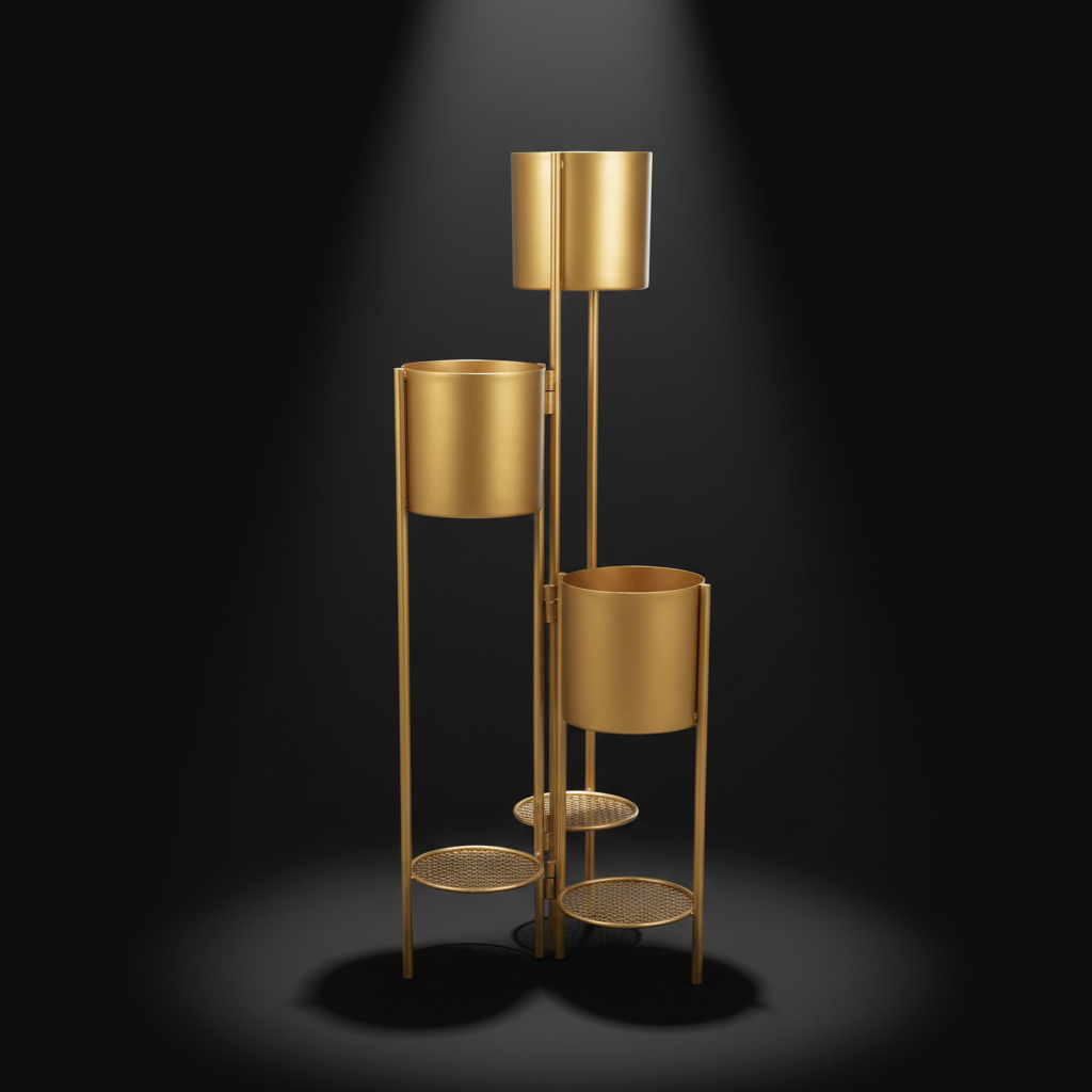 Gold metal floor lamp with multiple cylindrical shades on a black background