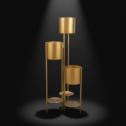 Gold metal floor lamp with multiple cylindrical shades on a black background