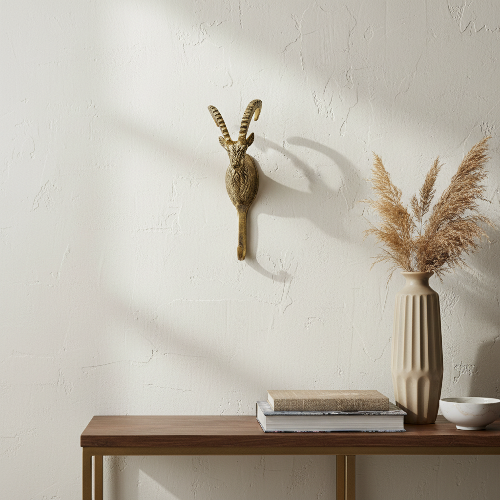 Decorative wall piece with antlers and a vase with dried plants on a wooden table against a textured wall.