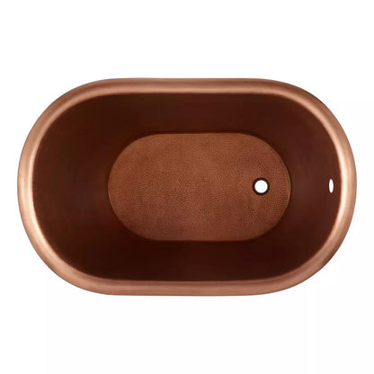 Copper bathtub with a brown leather-like cover on a white background