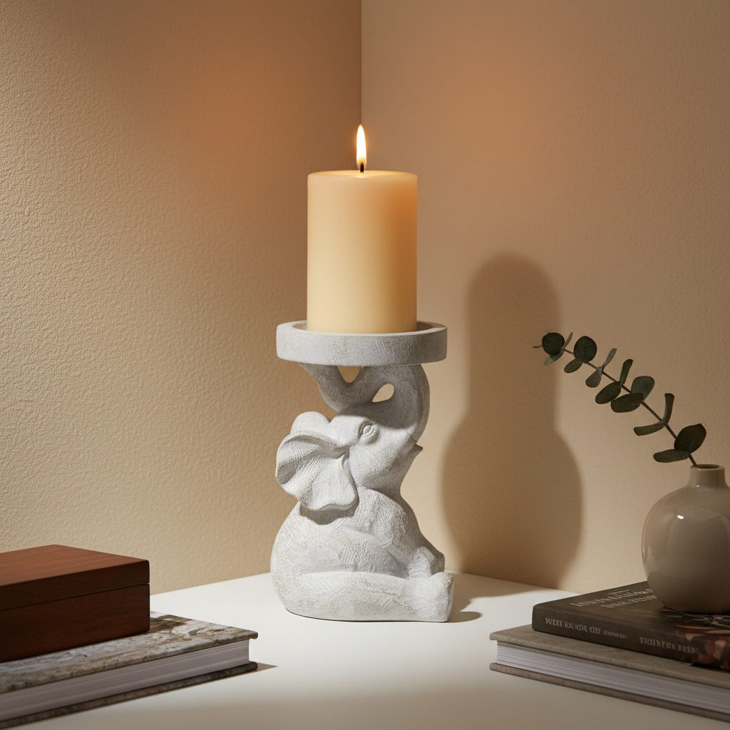 Decorative candle holder elephant shaped a with a lit candle on a beige background