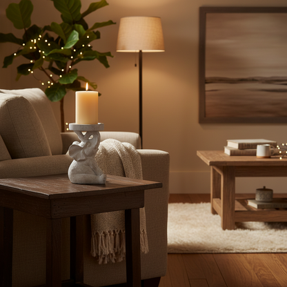 Cozy living room with a candle on a table, lamp, and painting.