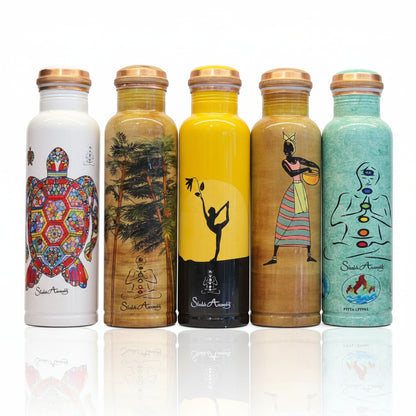 Set of five decorated bottles on a wooden surface with a neutral background