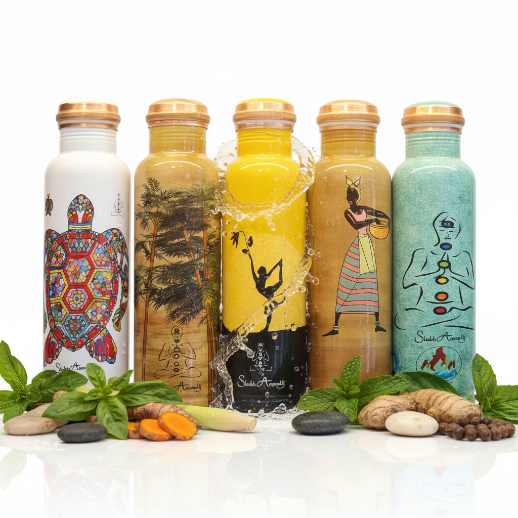 Set of colorful bottles with artistic designs on a white background