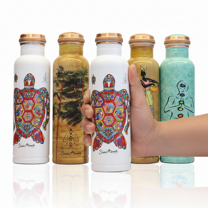 Set of colorful water bottles with artistic designs on a white background