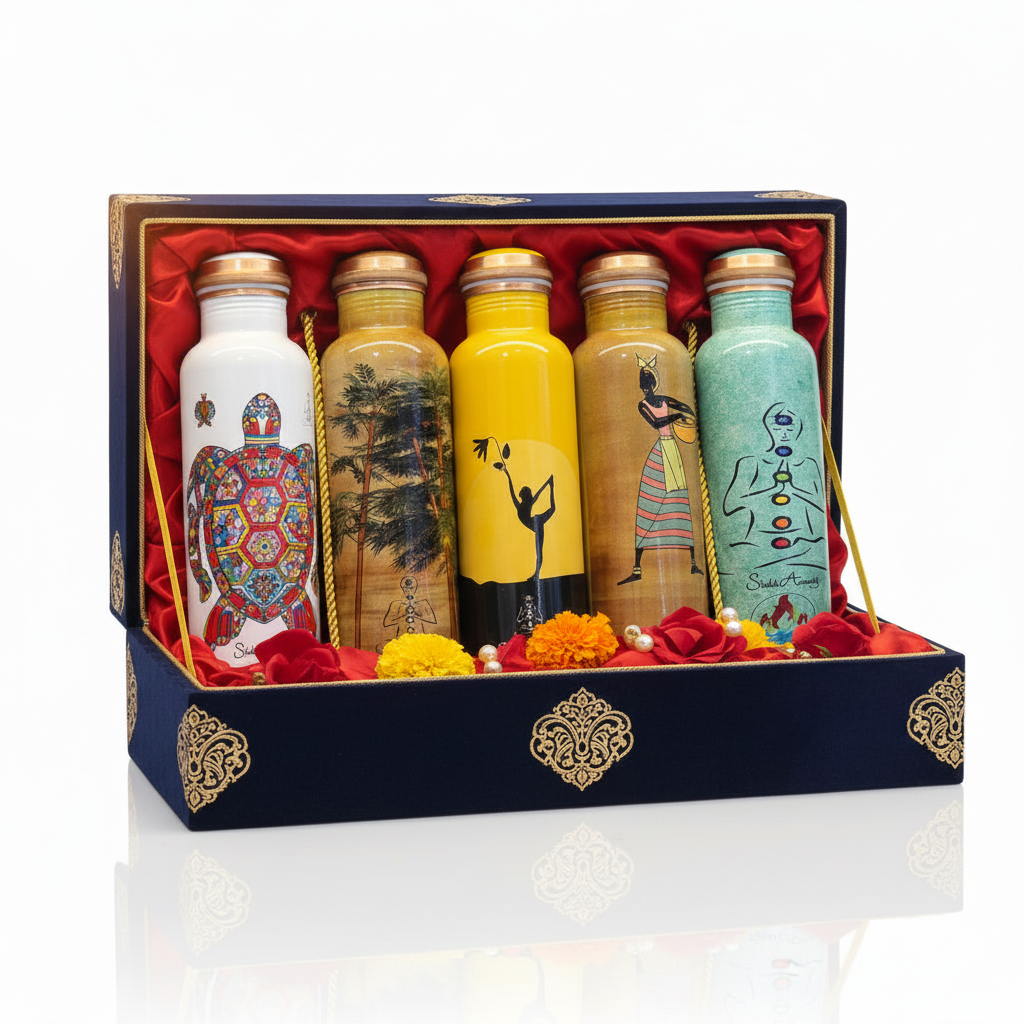 Set of five decorated bottles in a decorative box with artistic designs.