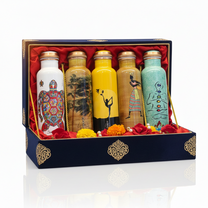 Set of five decorated bottles in a decorative box with artistic designs.