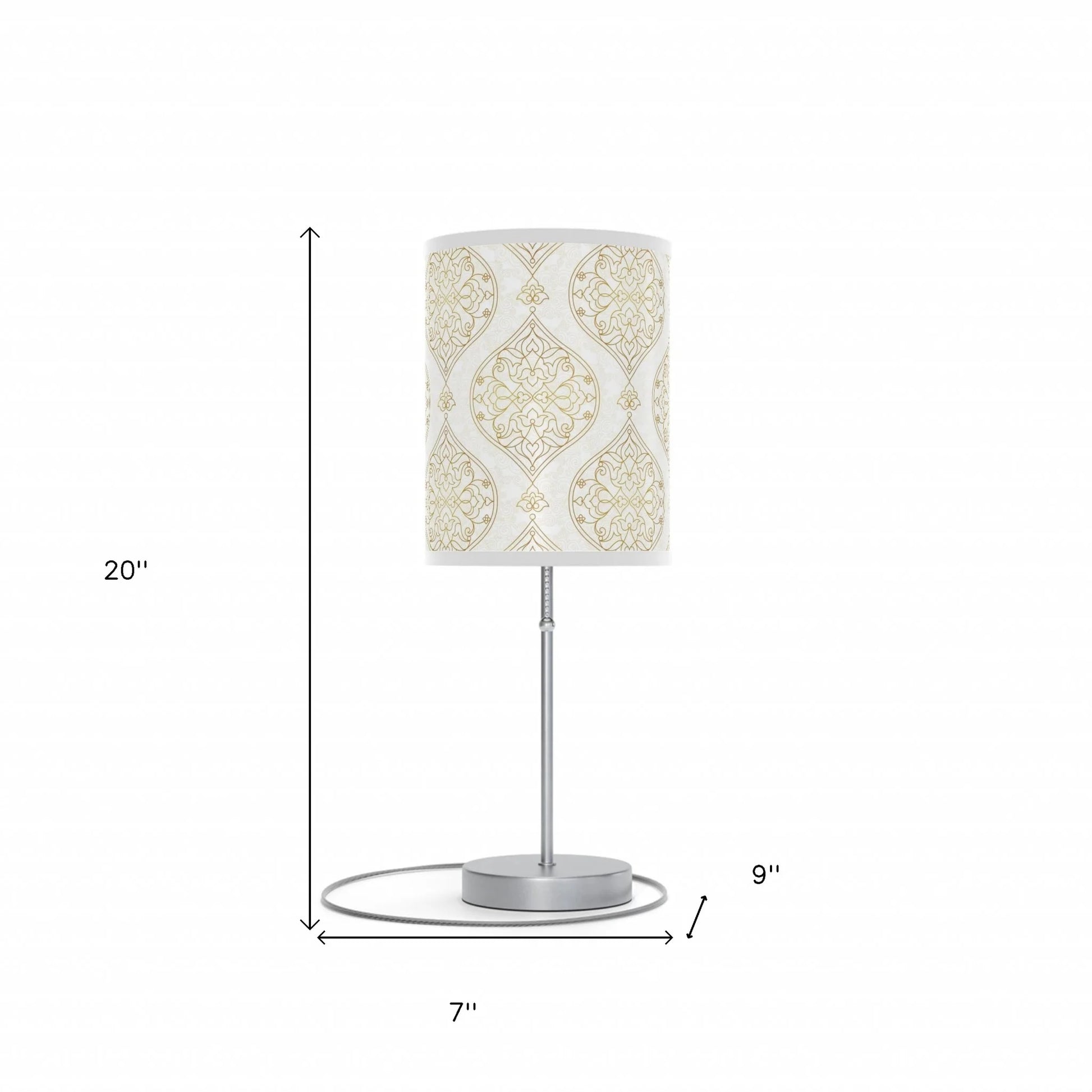 Table lamp with decorative shade and measurements on a white background