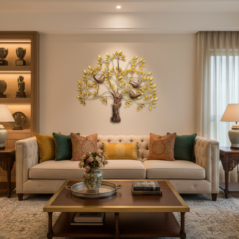 Living room with a beige sofa, decorative pillows, and a wall art piece.