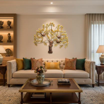 Living room with a beige sofa, decorative pillows, and a wall art piece.