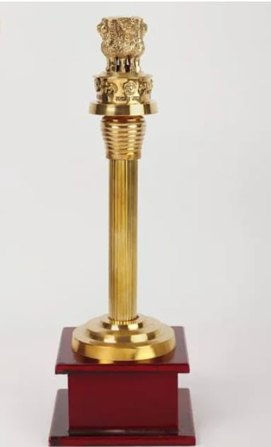 Brass Ashoka Stambh On Wooden Base