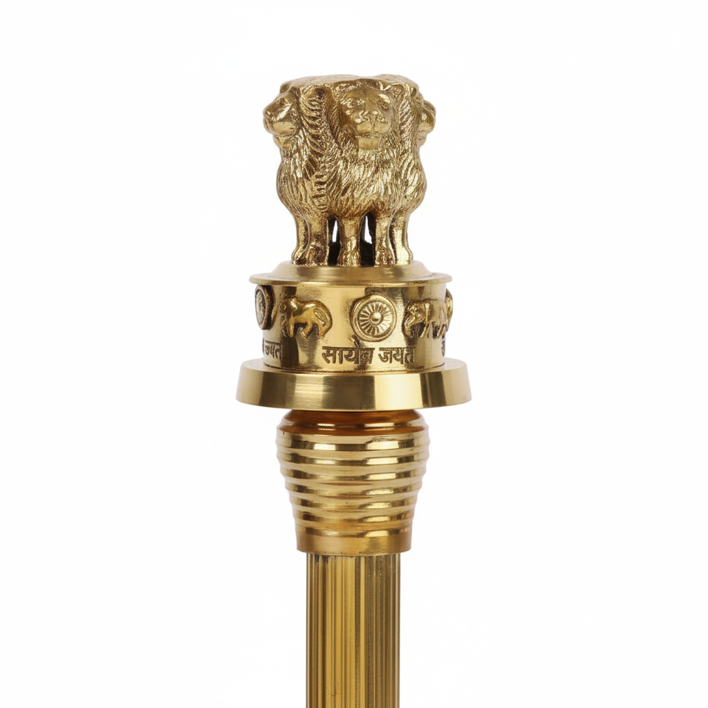 Gold-colored decorative object with a lion emblem on a white background