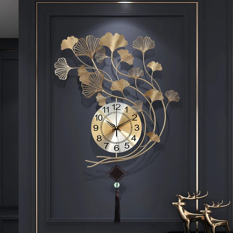 Ginkgo Leaf Metal Wall Clock Decorative Wall Hanging - Brass Decors