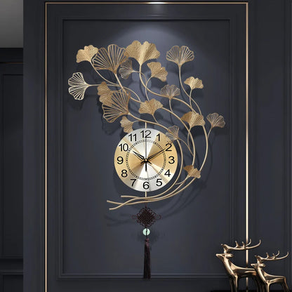 Ginkgo Leaf Metal Wall Clock Decorative Wall Hanging - Brass Decors