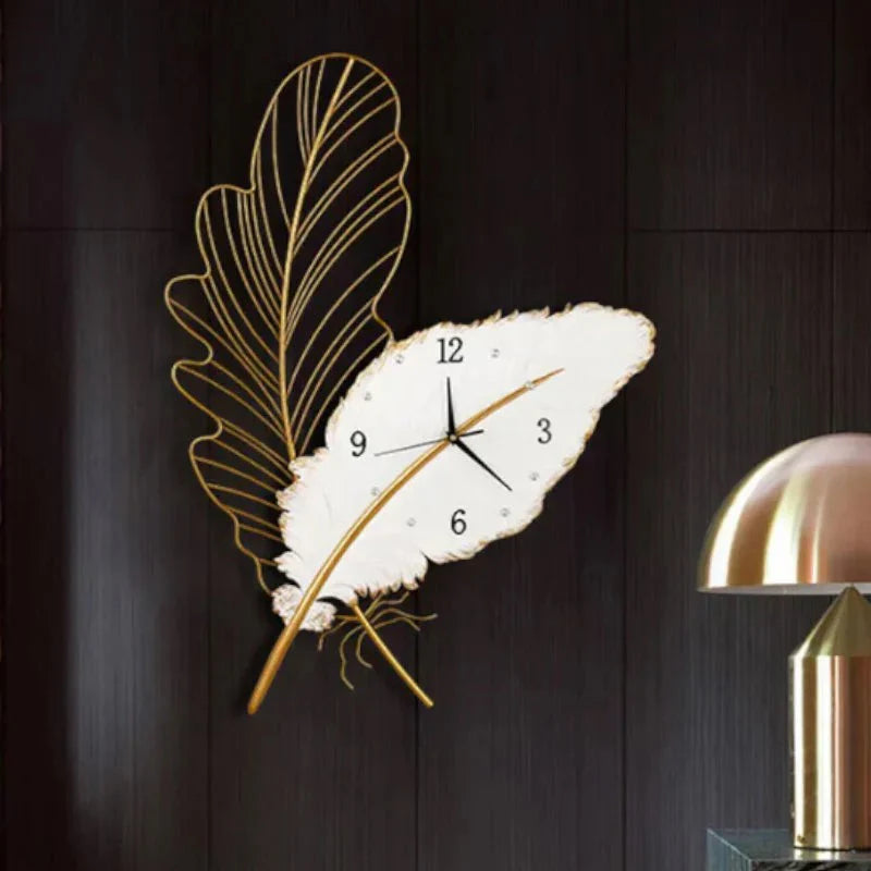 Decorative wall clock with leaf design on a dark wall