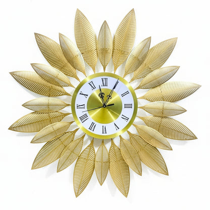 Gold sunflower-shaped wall clock on a white background