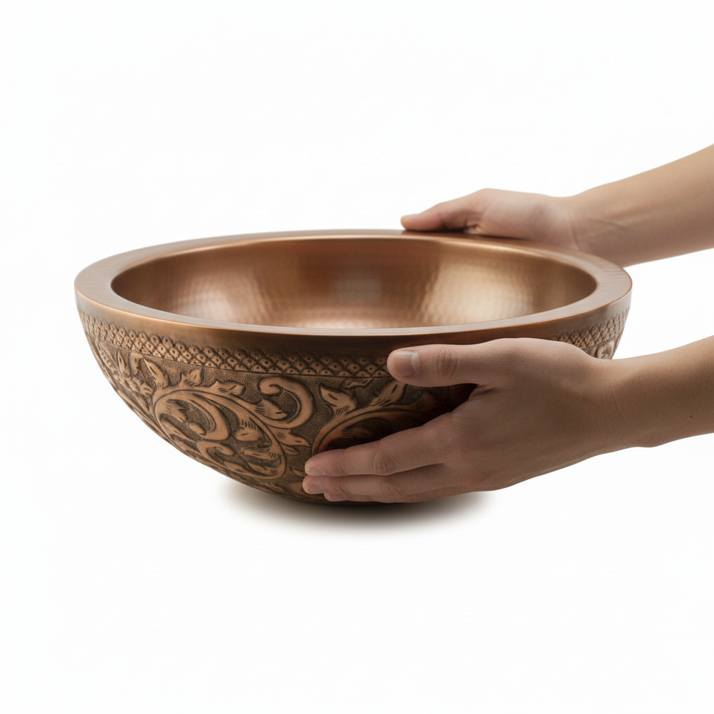 Engraved Hand Hammered Copper Round Bathroom Sink 16 Inch