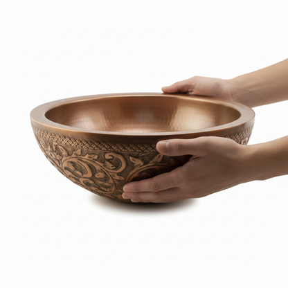 Engraved Hand Hammered Copper Round Bathroom Sink 16 Inch