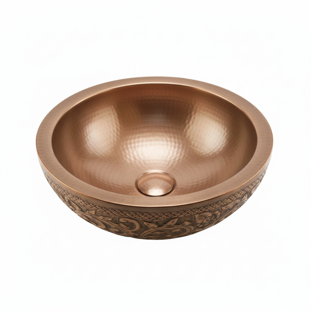 Engraved Hand Hammered Copper Round Bathroom Sink 16 Inch