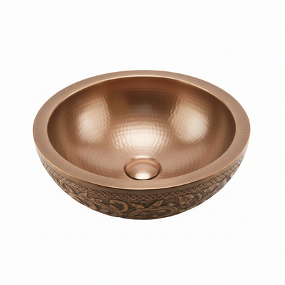 Engraved Hand Hammered Copper Round Bathroom Sink 16 Inch