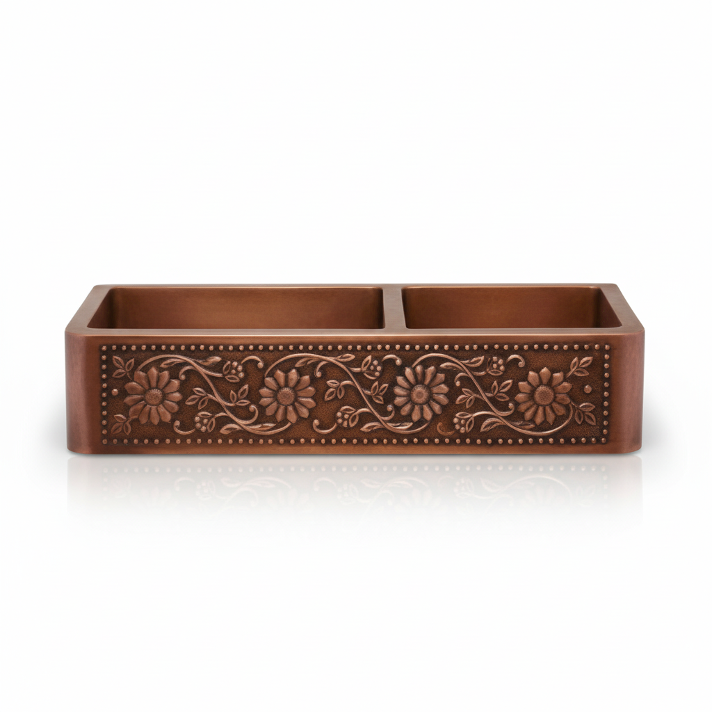 Decorative brown rectangular tray with floral patterns on a white background