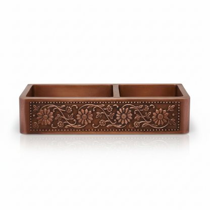 Decorative brown rectangular tray with floral patterns on a white background