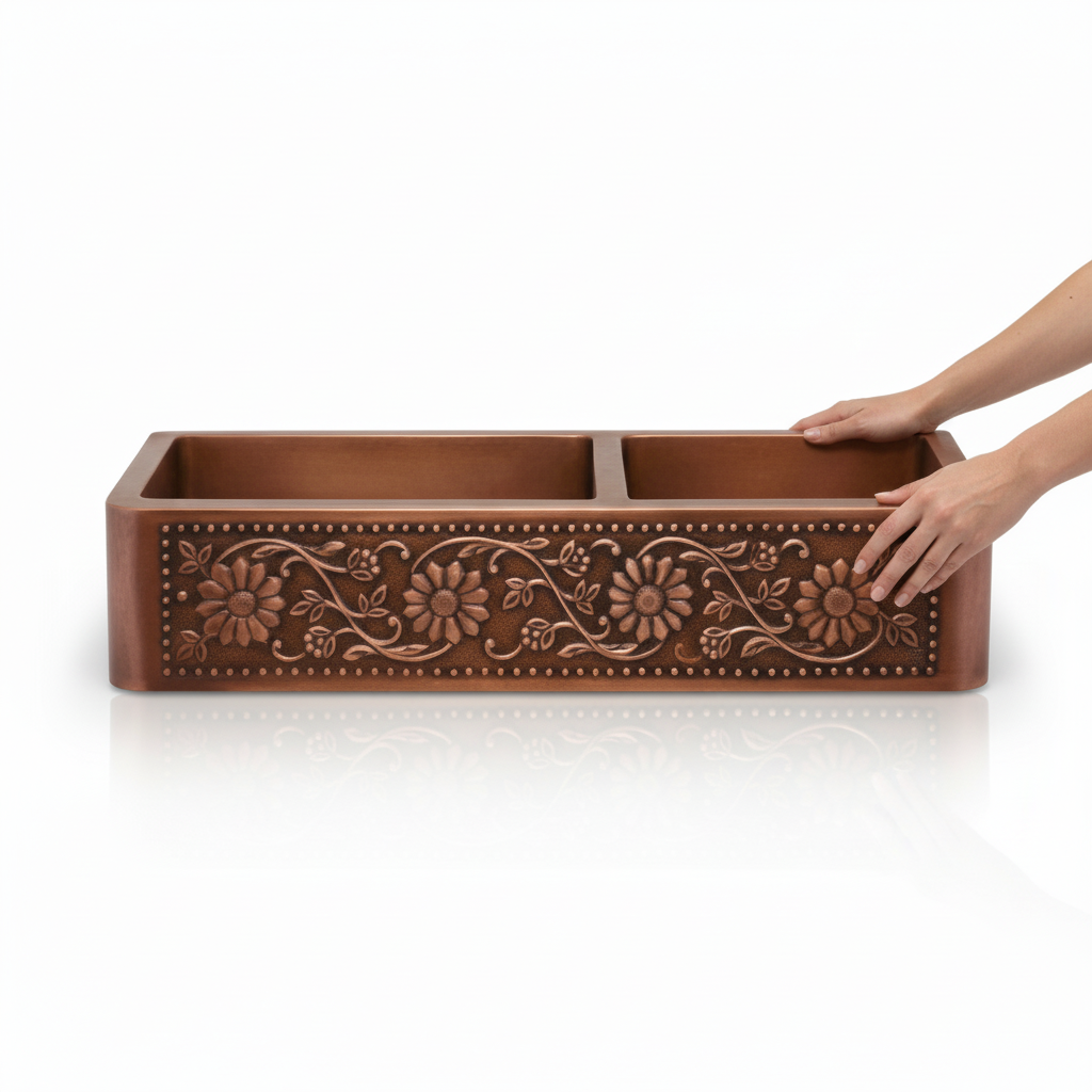 Double Bowl Copper Farmhouse Kitchen Sink 42 Inch Handcrafted