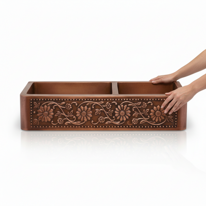 Double Bowl Copper Farmhouse Kitchen Sink 42 Inch Handcrafted