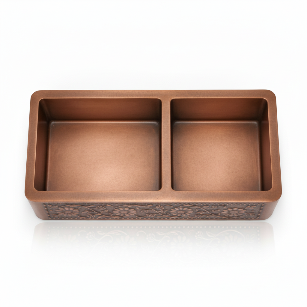 Double Bowl Copper Farmhouse Kitchen Sink 42 Inch Handcrafted