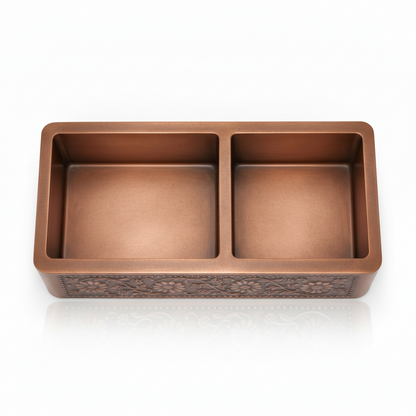 Double Bowl Copper Farmhouse Kitchen Sink 42 Inch Handcrafted