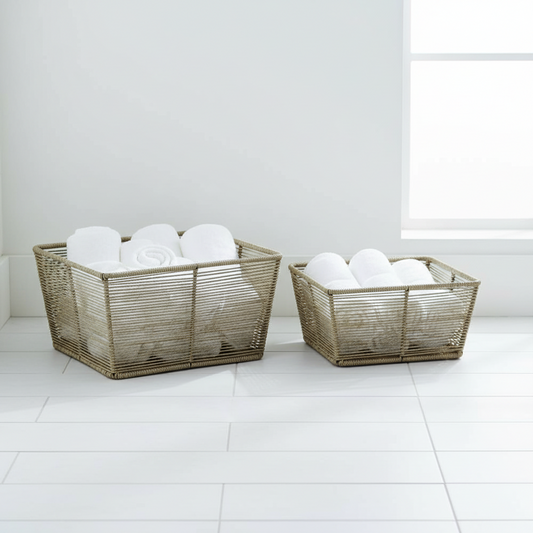 Iron Laundry Basket Set Beige Plastic Rope
