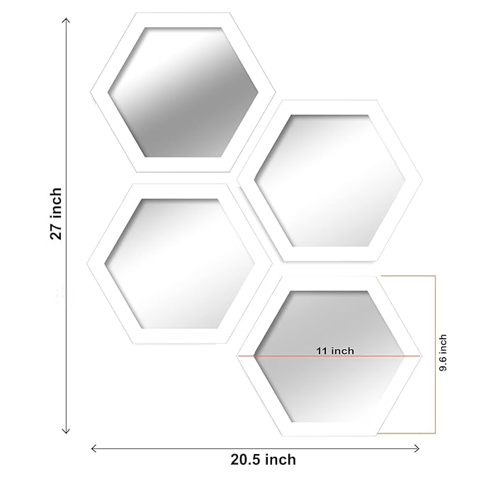 White Hexagonal Decorative Wall Mirror Set of Four - Brass Decors